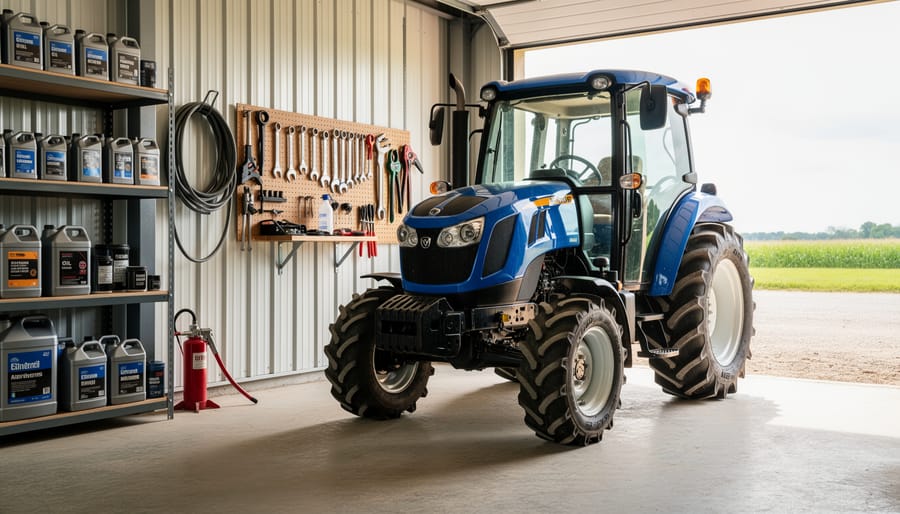 Well-maintained compact tractor stored in clean organized garage workspace