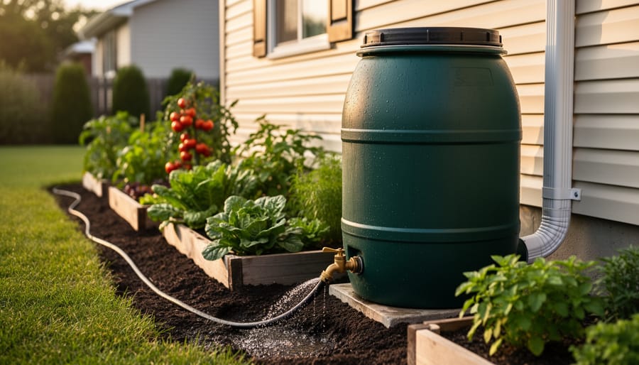 Rain barrel under a home’s gutter downspout with a spigot feeding drip irrigation lines that water lush vegetable beds at golden hour, with the house siding, gutters, and lawn softly blurred in the background