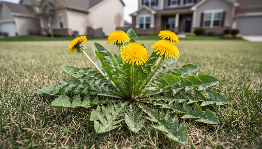 Close-up of dandelions and broadleaf weeds growing in residential lawn grass