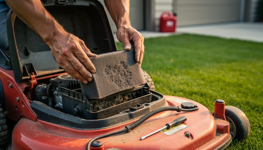 Close-up of hands removing a dirty foam air filter from a riding mower engine, with fuel line and screwdriver on the deck and a red fuel can blurred near the garage in the background.