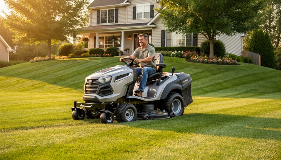 Homeowner driving a modern lawn tractor with wide deck and high-back seat across a gently sloped one-acre lawn at golden hour, with trees, flower beds, and a suburban home softly blurred in the background.