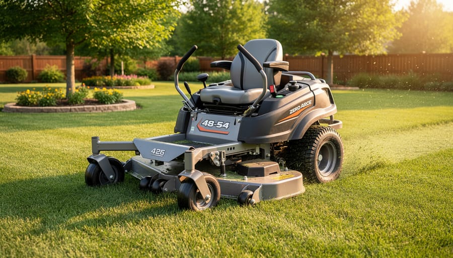 Mid-size zero-turn mower with a mid-width deck mowing a large residential lawn near curved flower beds and trees at golden hour, viewed from a slightly elevated angle.