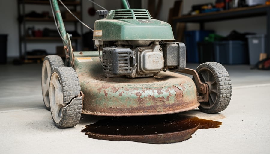 Ground-level close-up of an unbranded rusted gas lawn mower with a cracked wheel and oil pooling beneath it on a patchy lawn, with a blurred garage and scattered tools in the background.