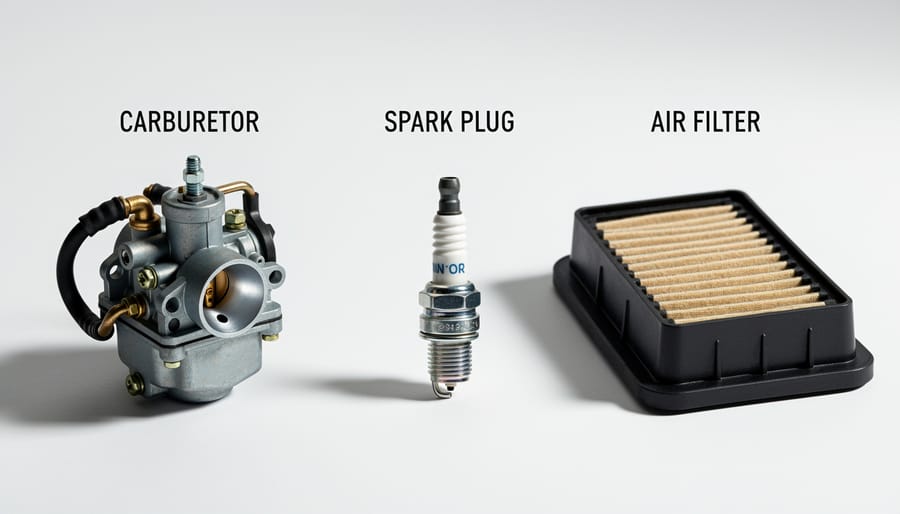 Small gas engine components including carburetor, spark plug, and air filter displayed on workshop surface