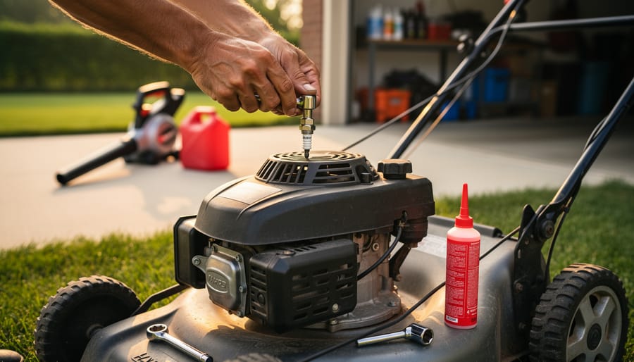 Close-up of hands installing a new spark plug on a lawnmower engine with an air filter, socket wrench, and red fuel stabilizer bottle nearby; blurred driveway shows a leaf blower, gas can, and garage shelves in the background.