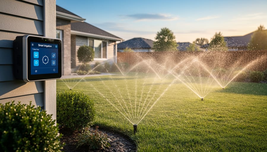 Smart irrigation controller installed on home exterior wall with lawn in background