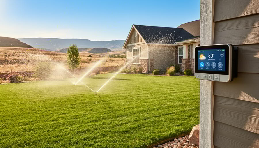 Smart irrigation controller with weather sensor and smartphone showing watering controls