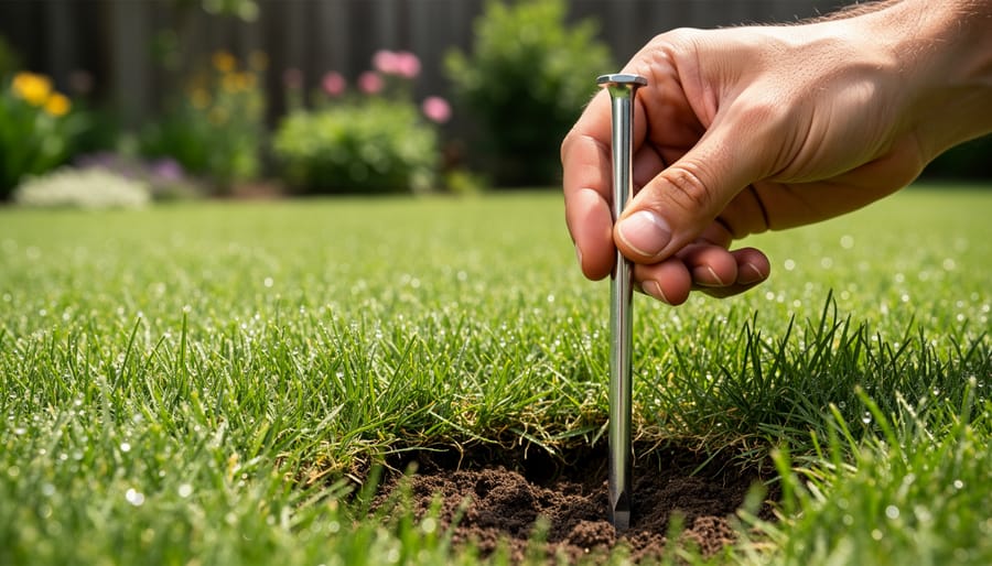 Screwdriver inserted into lawn soil demonstrating soil moisture testing technique