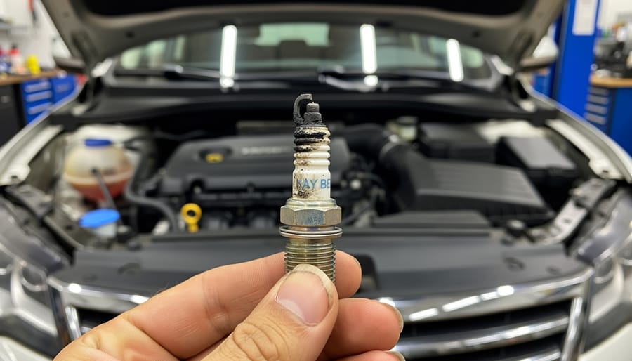Comparison of worn and new spark plugs showing carbon buildup and wear