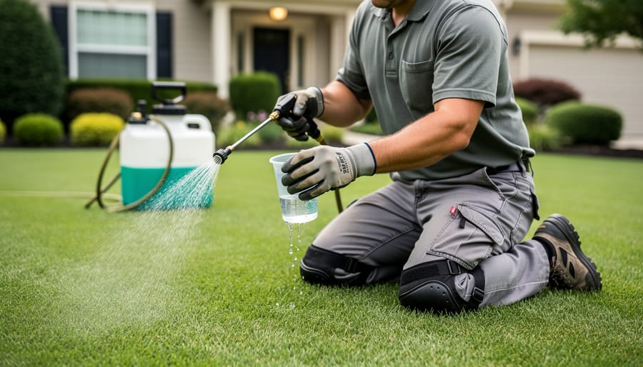 Lawn care professional kneeling on grass, catching water from a sprayer nozzle into a clear cup with the sprayer tank and yard softly blurred behind.