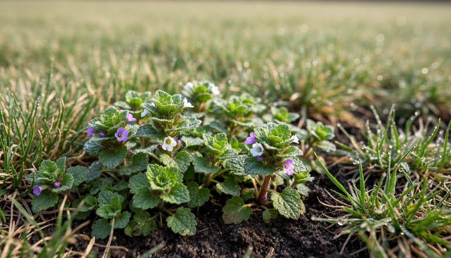 Close-up of chickweed and henbit weeds with purple flowers growing in lawn grass