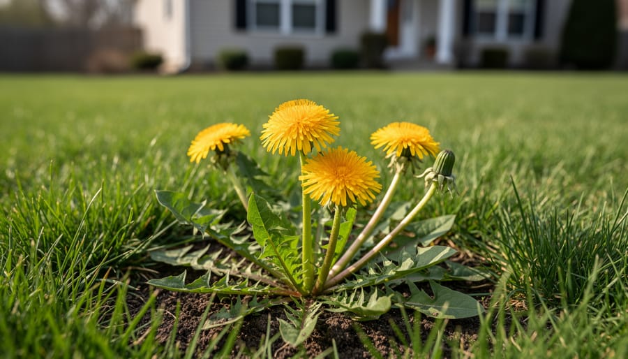Dandelions and crabgrass weeds growing in spring lawn grass
