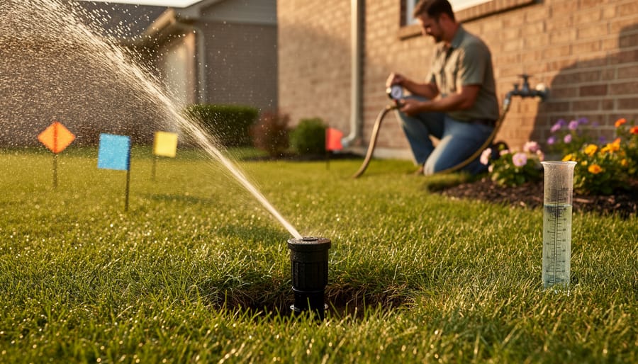 Close-up of a pop-up sprinkler head spraying water, with sunlight catching the droplets; in the blurred background a homeowner kneels by a hose spigot holding a pressure gauge, small colored flags mark areas in the lawn, and a rain gauge can sits near the flower bed.