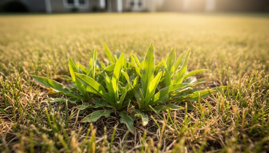 Crabgrass and spurge weeds spreading in heat-stressed summer lawn