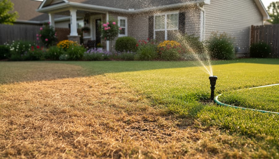 Brown stressed lawn patches next to green grass during summer heat