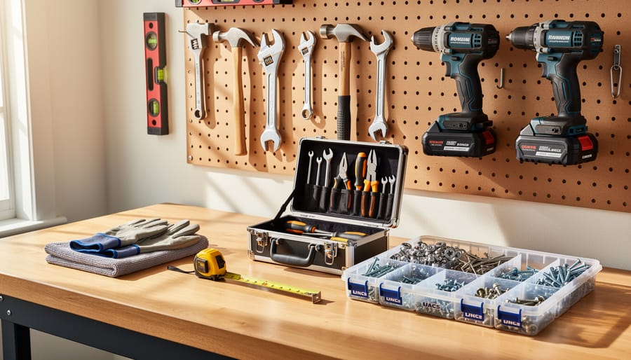 Overhead view of essential compact tractor maintenance tools and supplies organized on workbench