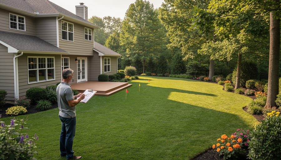 Aerial view of two-acre residential property showing lawn areas, trees, and landscaping obstacles