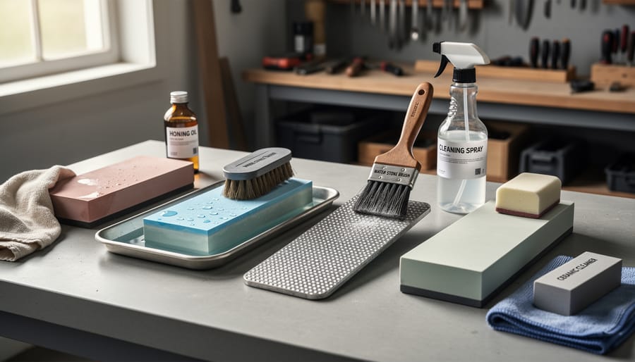 Four different types of sharpening stones displayed on wooden workbench