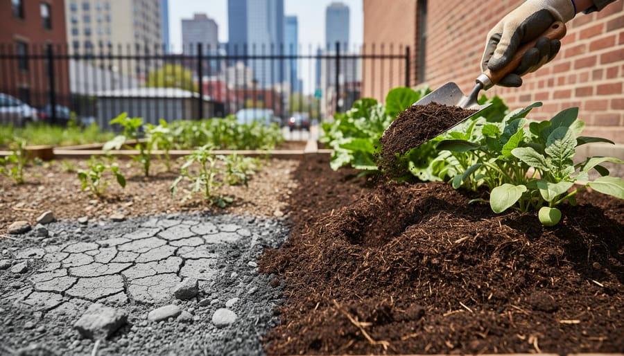 Comparison of compacted urban soil next to dark rich compost held in gloved hand