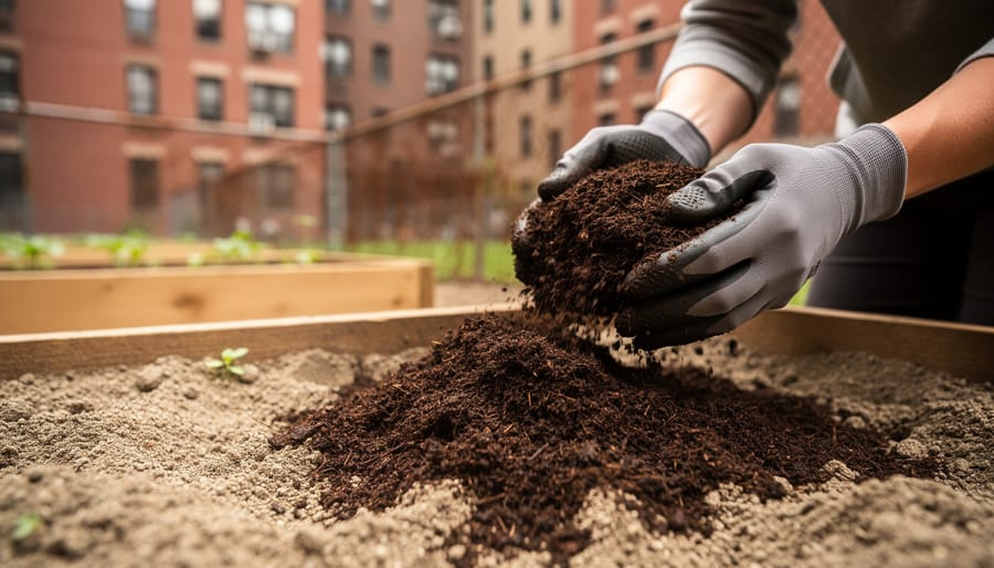 Close-up of gloved hands spreading dark compost over compacted soil in an urban courtyard garden, with raised beds and brick buildings softly blurred behind.
