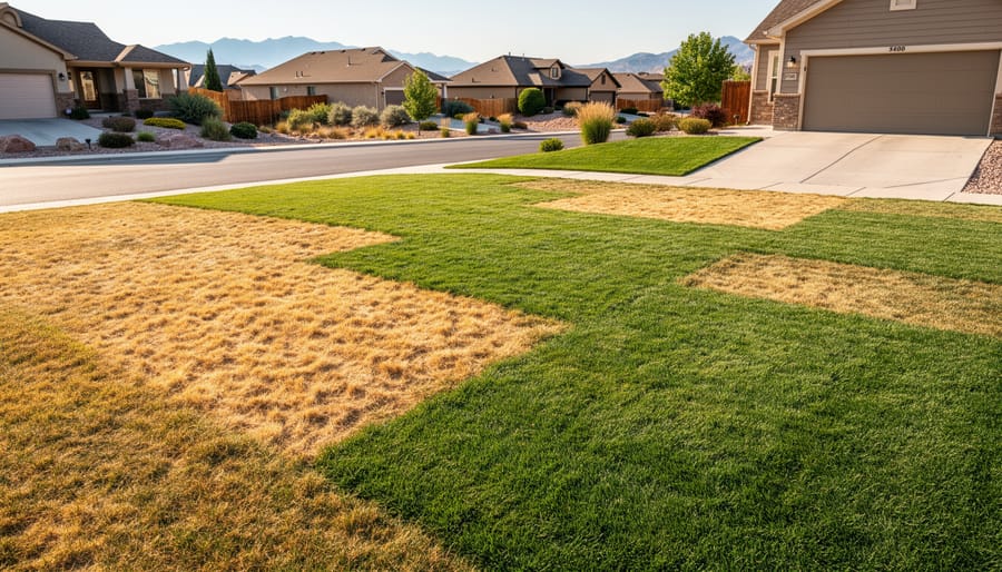 Utah residential lawn showing brown dry patches next to green grass with mountains in background