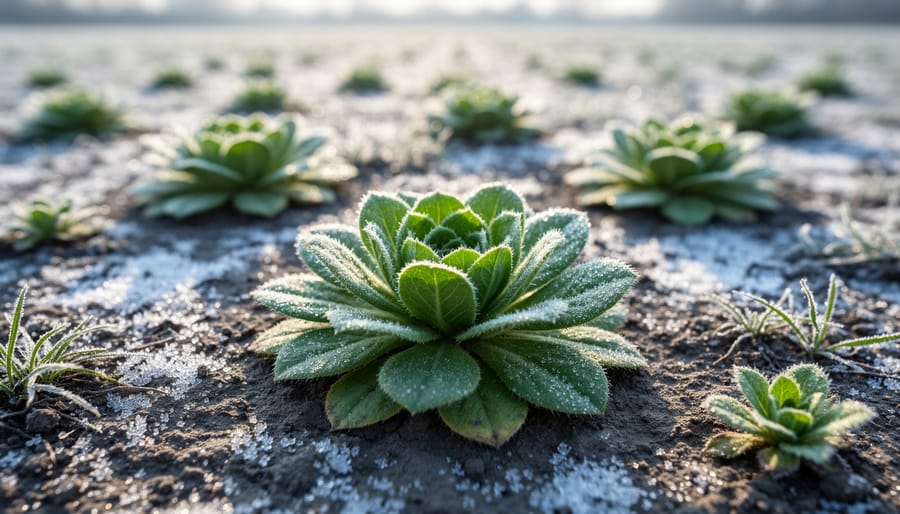 Frost-covered winter annual weeds growing in dormant lawn grass