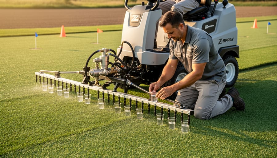 Lawn care technician kneeling beside a stand-on Z-Spray sprayer, placing clear cups under the boom to measure output on a green lawn at golden hour, with cones and flags softly blurred in the background.