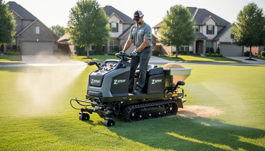 Z-Spray stand-on lawn care equipment positioned on residential lawn showing dual spray and spread functions