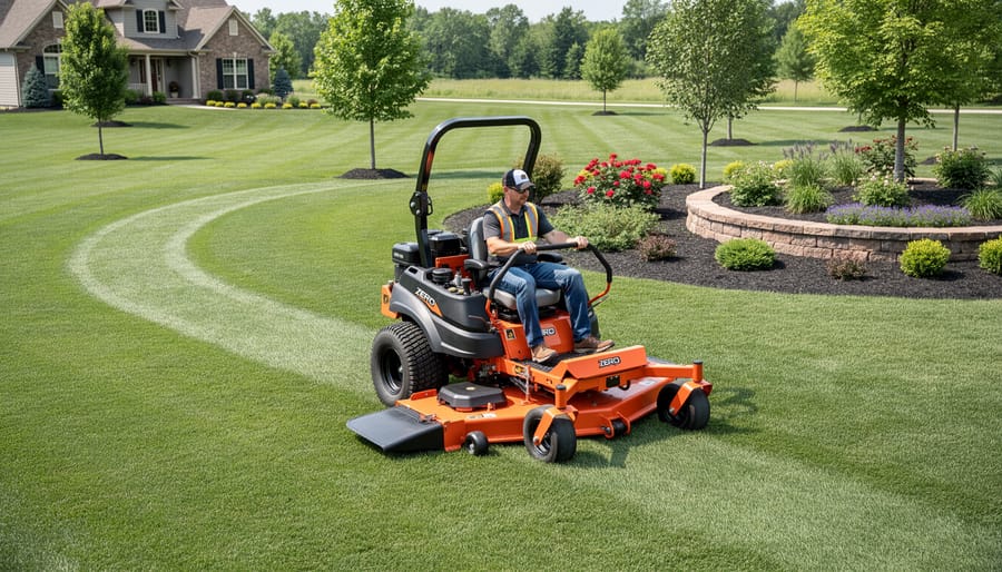 Zero-turn lawn mower with mid-size cutting deck on residential two-acre property