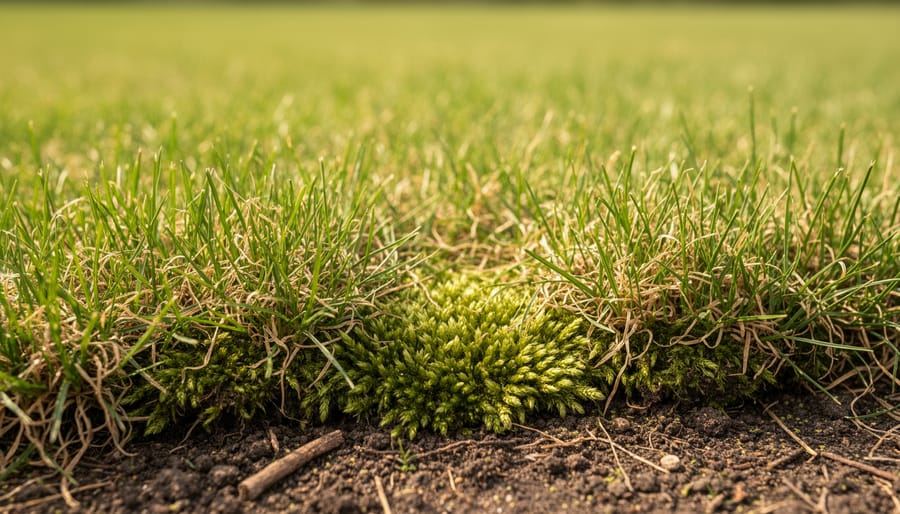 Close-up of moss patches and yellowing grass indicating acidic soil problems