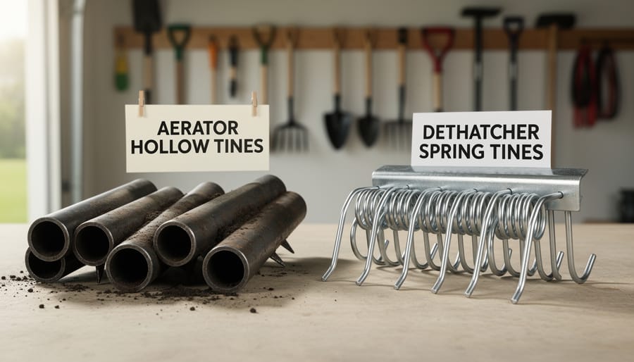 Comparison of aerator hollow core tines and dethatcher spring tines on workbench