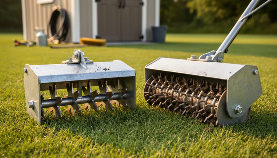 Ground-level close-up of hollow-core aerator tines next to spring-steel dethatcher tines on a green lawn, warm side lighting, with a blurred shed, hose, oil can, and wire brush in the background.