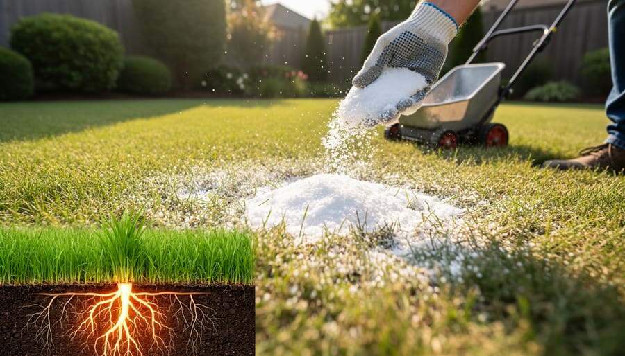 Homeowner applying pelletized lime to lawn using broadcast spreader