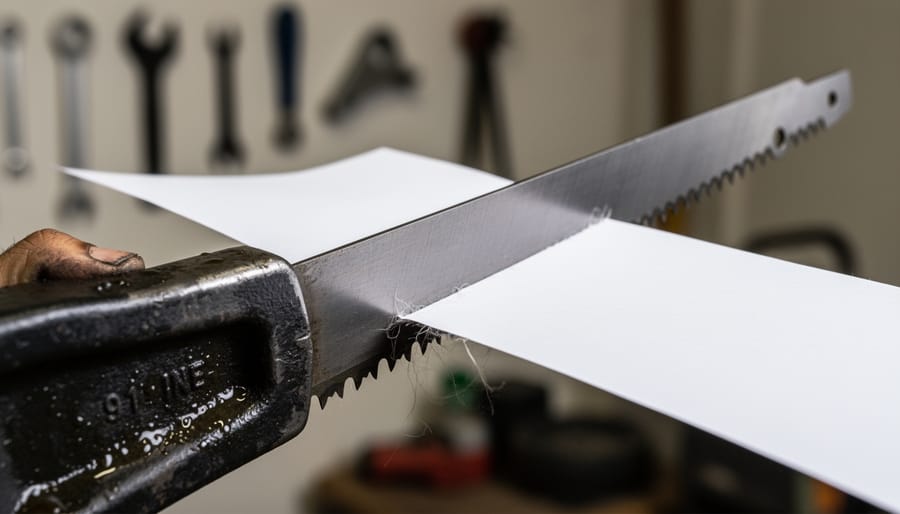 Hands testing sharpness of reel mower bedknife by cutting paper