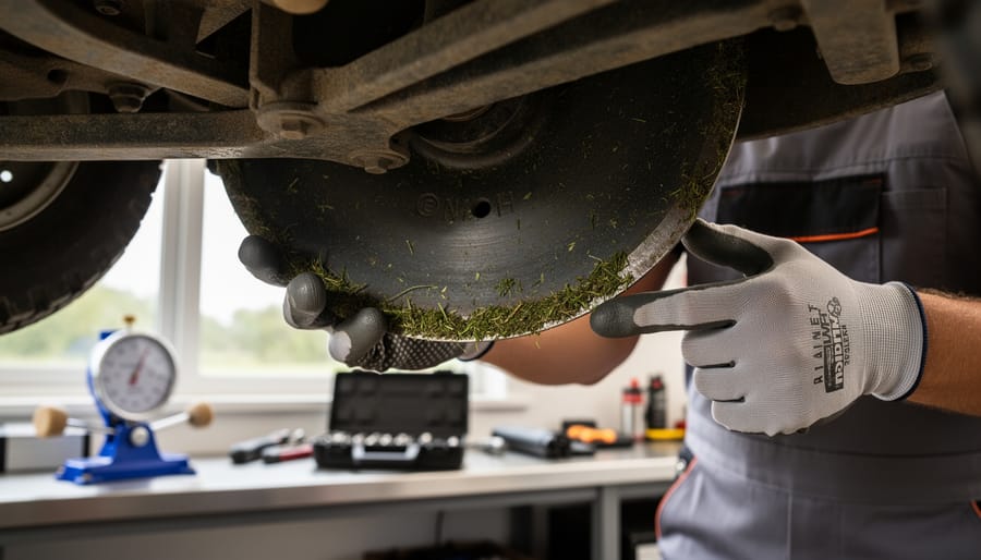 Close-up of lawn mower blade being inspected for damage and sharpness