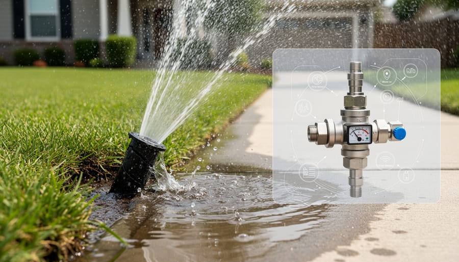 Broken sprinkler head spraying water uncontrollably onto pavement