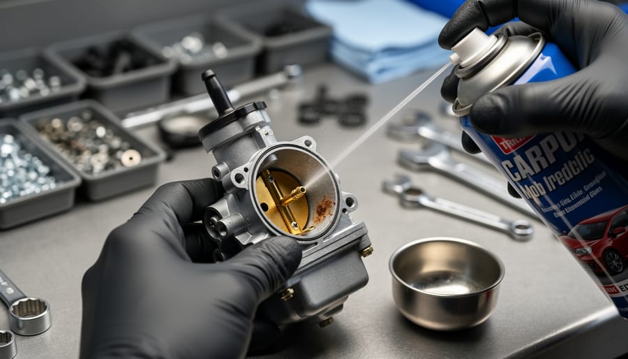 Mechanic's hands cleaning carburetor components with wrench on workshop towel