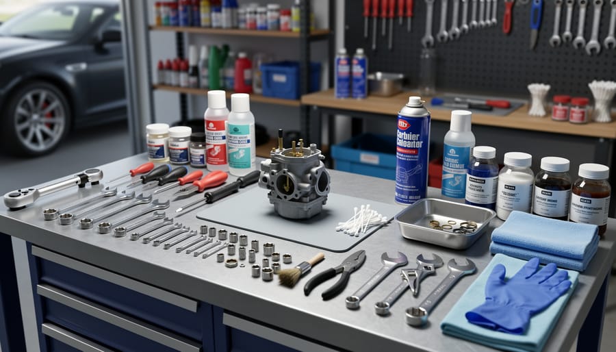 Overhead view of carburetor cleaning tools and supplies organized on workbench