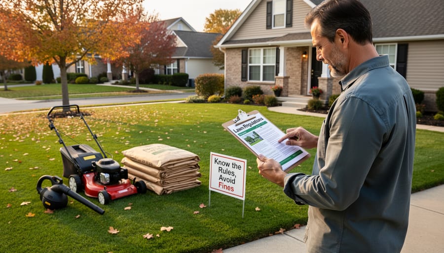 Homeowner reviewing local lawn care regulations document in autumn yard