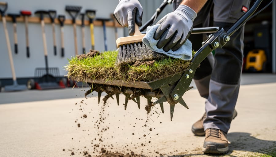 Person cleaning aerator tines with wire brush and cleaning solution