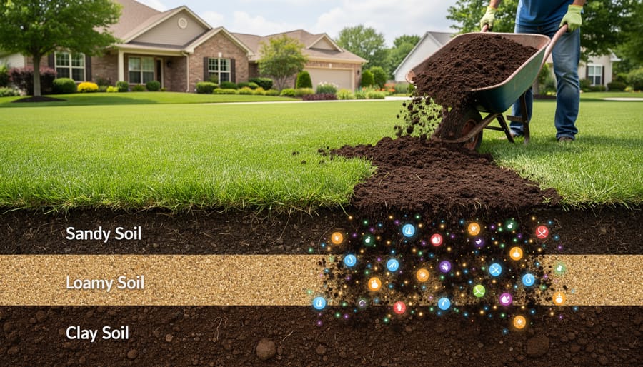 Hands applying dark compost as topdressing over green lawn grass
