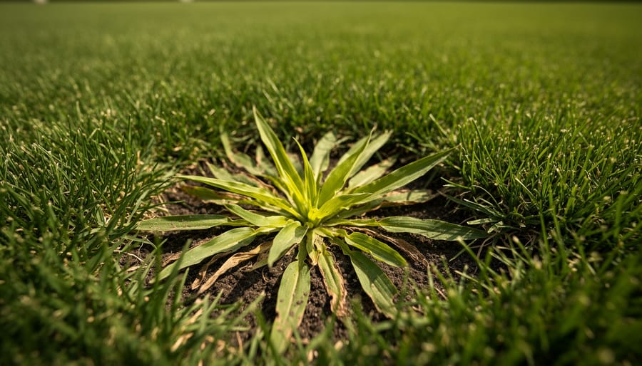 Crabgrass weed growing in lawn showing characteristic wide light green blades