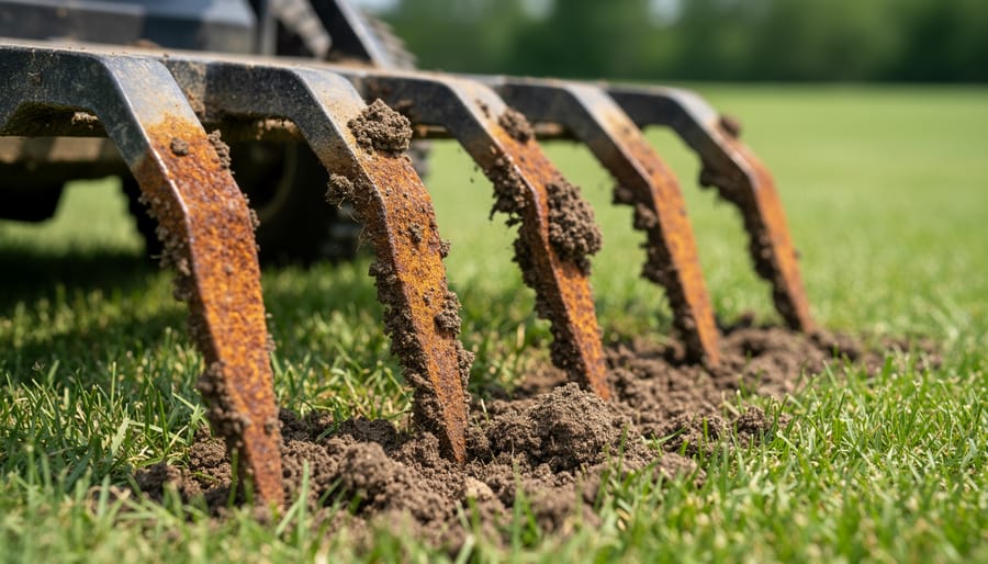 Close-up of worn aerator tines showing damage, soil buildup, and rust