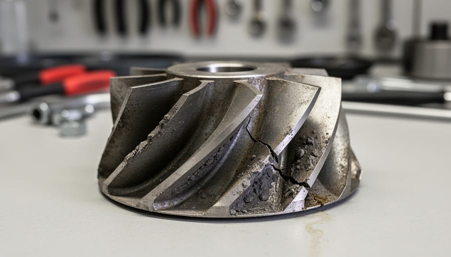 Close-up of damaged leaf blower impeller with visible wear and cracks