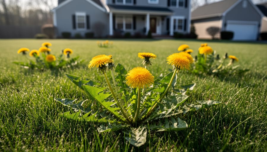 Close-up of dandelion weed with yellow flower growing in lawn grass