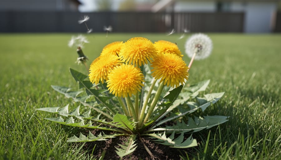 Close-up of yellow dandelion flowers growing in green lawn grass