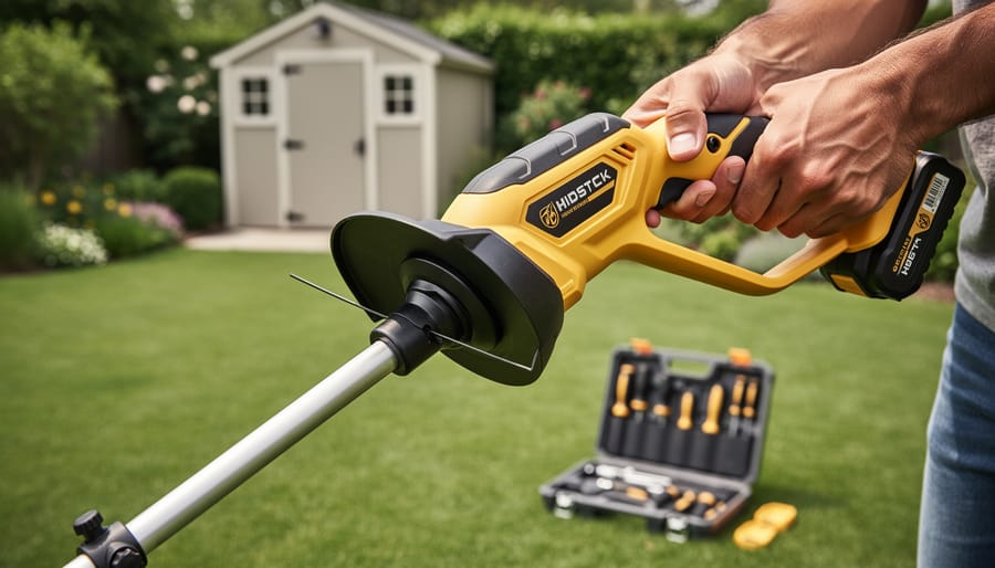 Hands threading a new trimmer head onto a yellow-and-black cordless string trimmer in a backyard, photographed from above with soft natural light and a blurred lawn, shed, and small tool kit in the background.