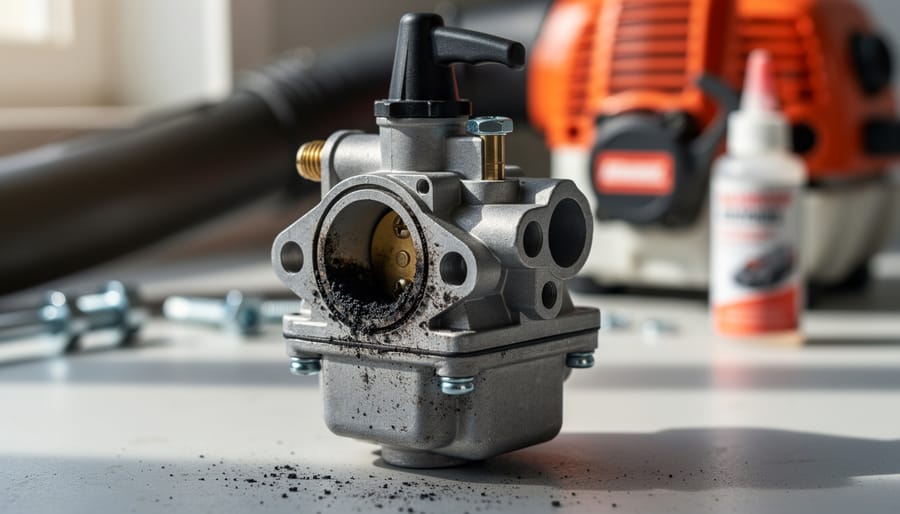 Close-up of leaf blower carburetor showing internal components and varnish buildup