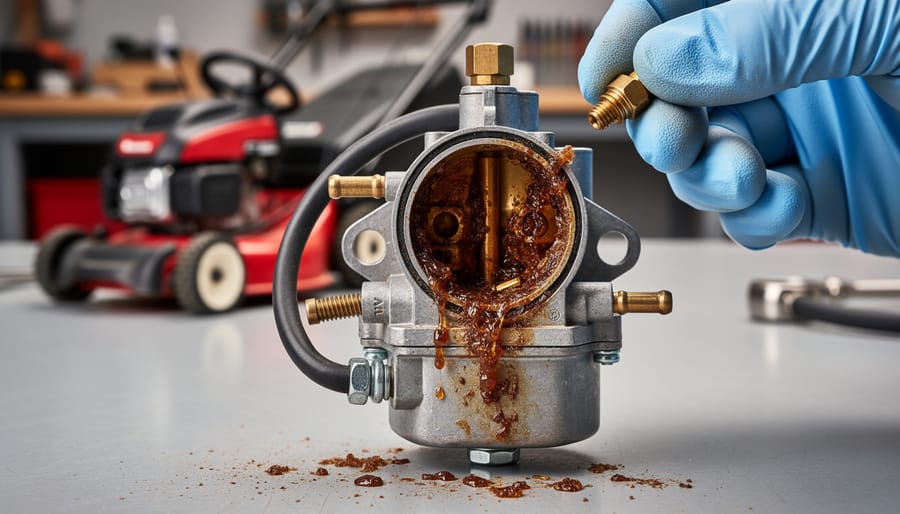 Disassembled carburetor components showing fuel deposits and wear