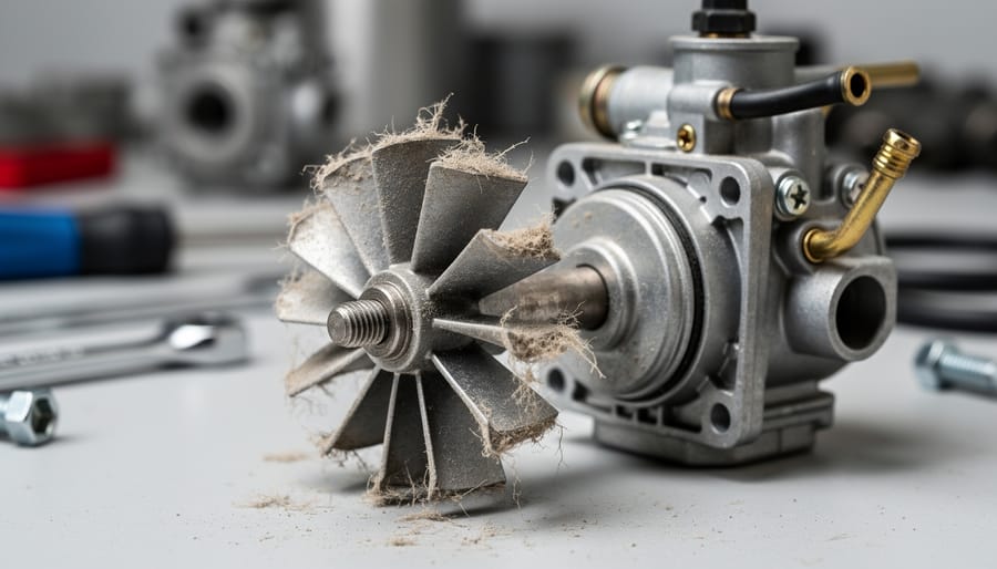 Leaf blower impeller fan blades showing accumulated dirt and debris
